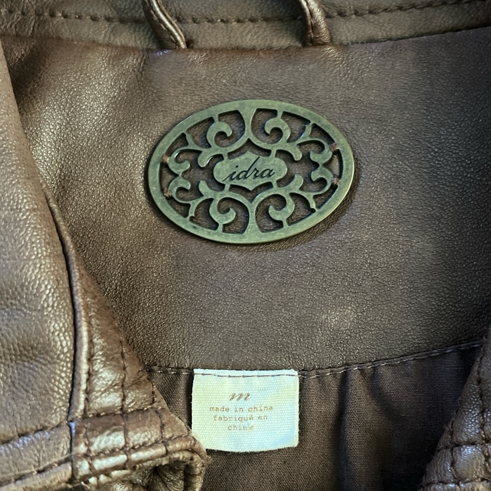 Brown leather button up jacket with double-breast… - image 2